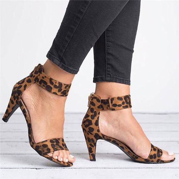 

summer women leopard sandals ankle buckle female peep toe sandals ladies comfortable stiletto shoes t02, Black