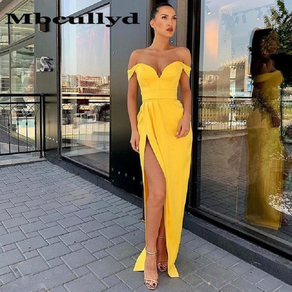 

yellow prom dresses 2019 floor length mermaid v-neck high side split evening dress women formal dress party gown, White;black