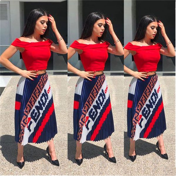 

women ff letters pleats skirt trendy retro elastic waist long dresses designer pleated skirts girls fashion bouffancy match dress c42205, White