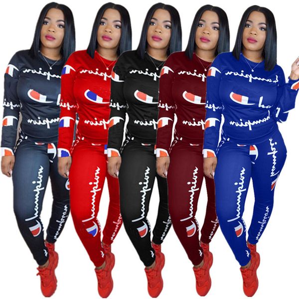 

women champion tracksuit long sleeve t shirt + pants leggings two piece set letter print hoodie outfit casual sweater suit clothing 3xl, White