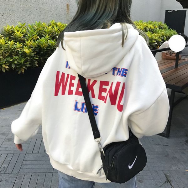 

hoodies women letter printed loose hooded trendy pockets plus velvet sweatshirts womens korean style harajuku all-match chic, Black