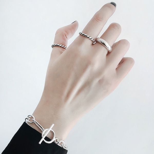 

s925 sterling silver rings for women trendy simple thread thick section line ring personality ladies wild korean jewelry, Golden;silver