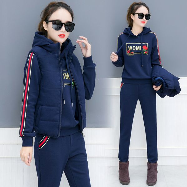 

women tracksuit sportswear winter fleece thickness jacket sweater sweatshirt+vest+pants running jogging leisure sport warm suit, Black;blue