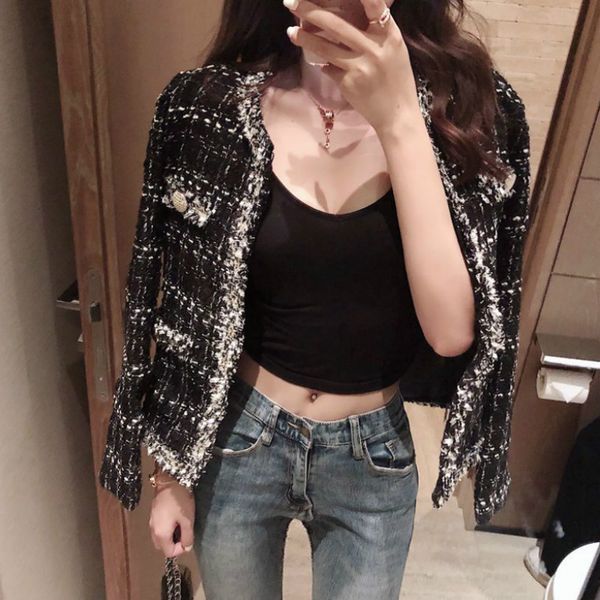 

vintage black tweed plaid jackets buttons coats mini geometric blazer long sleeve woman suits tassels cardigan outerwear, Black;brown