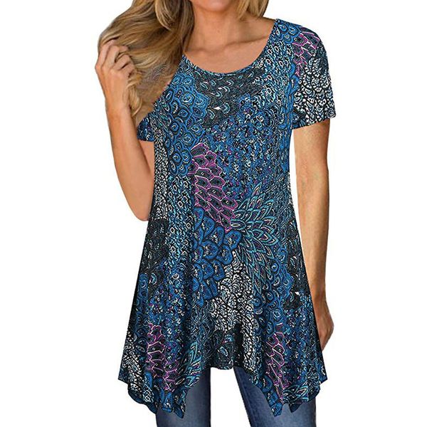 

blouse women summer short sleeve floral print irregular hem loose tunic blouse casual plus size blusas mujer de moda 2019, White