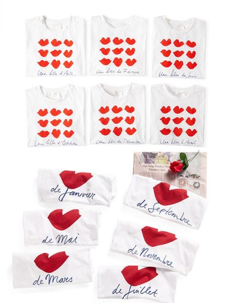 

12 months t shirt women short sleeve loose lips t-shirt love embroidered, White