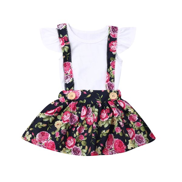 

0-24m summer toddler kids girls ruffle short sleeve bodysuit+strap floral skirt sweet baby girl clothing outfits set, Pink;blue