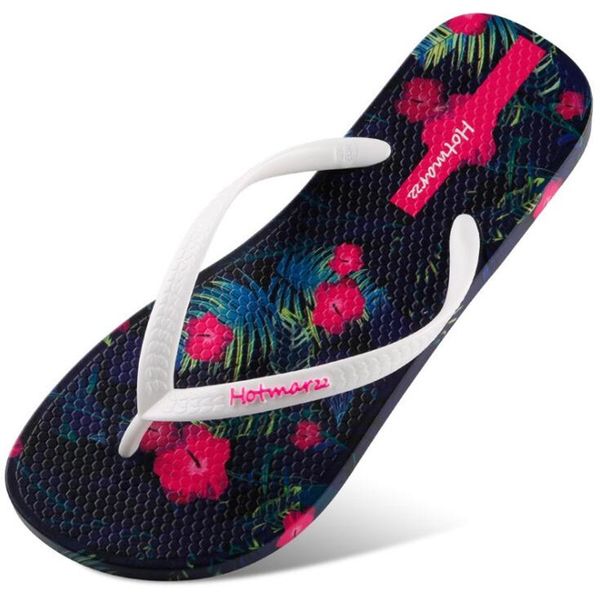 

new 2019 women's hibiscus flowers pattern summer beach slippers tong sandals flat slides, Black