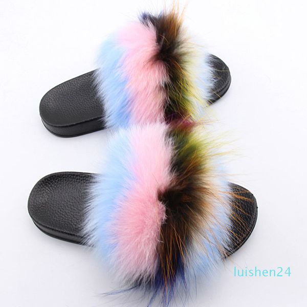 

women's real fur fluffy slippers mixcolor fur slippers fuzzy home slides female fashion furry flip flops summer beach shoes l24, Black
