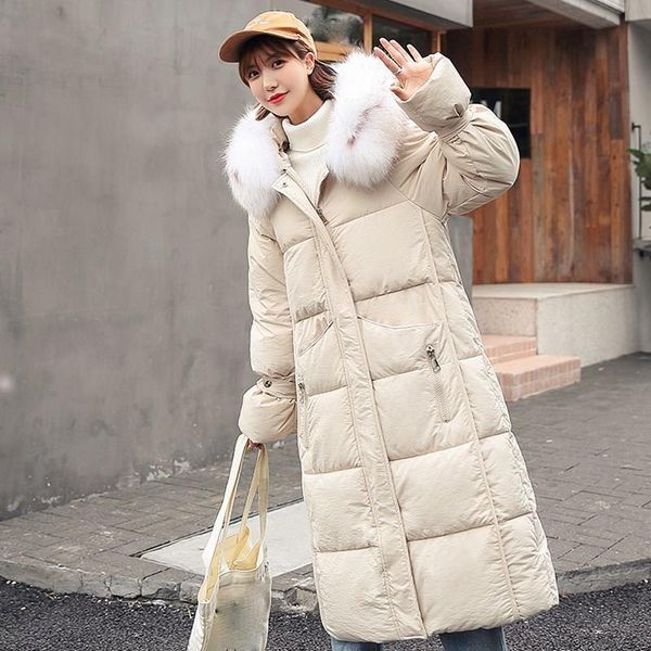 

2019 new women hooded fur collar down cotton jackets flare sleeve cotton padded coats zippers thicken warm parkas long, Black