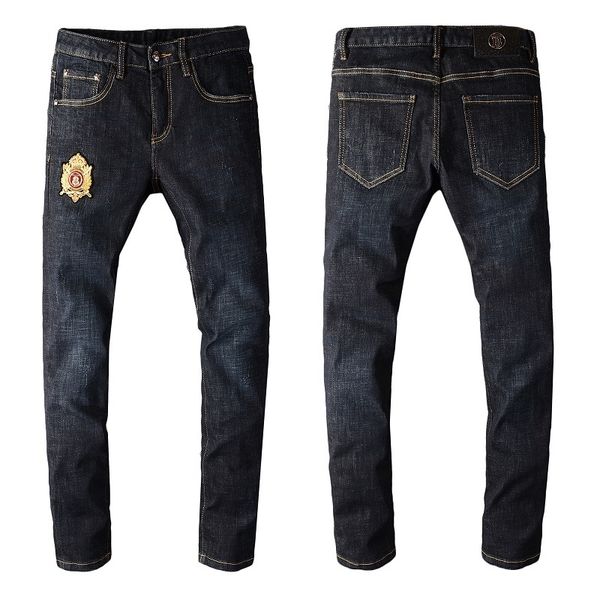 

new arrival brand designer men denim biker jeans embroidery pants fashion holes trousers italy, Blue
