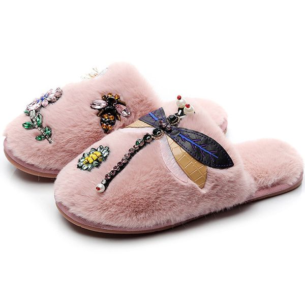 

autumn winter new women's cotton slippers diy dragonfly flowers home fur slides household ins trend indoor female plush slippers, Black