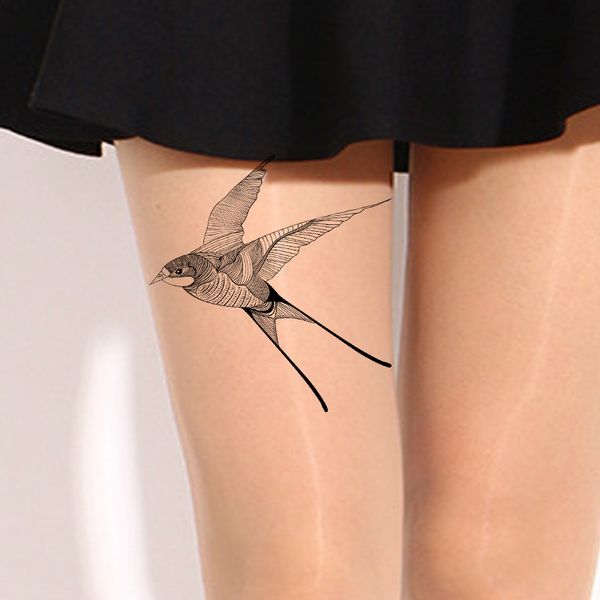 

swallow single leg printed thin tattoo silk stockings, Black;white
