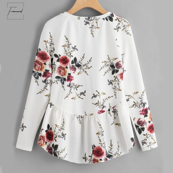 

blouse raglan sleeve ruffle floral tunic white round neck dip 2019 women long sleeve high low blouse
