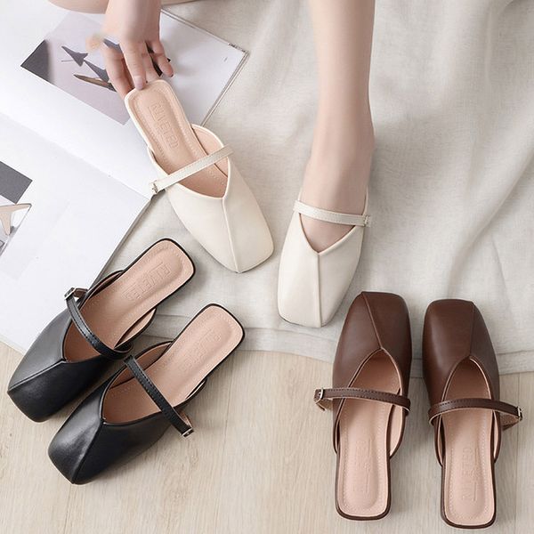 

women's summer buckle leather mules shoes women's outside simple slides ladies leisure half slippers new 2020, Black