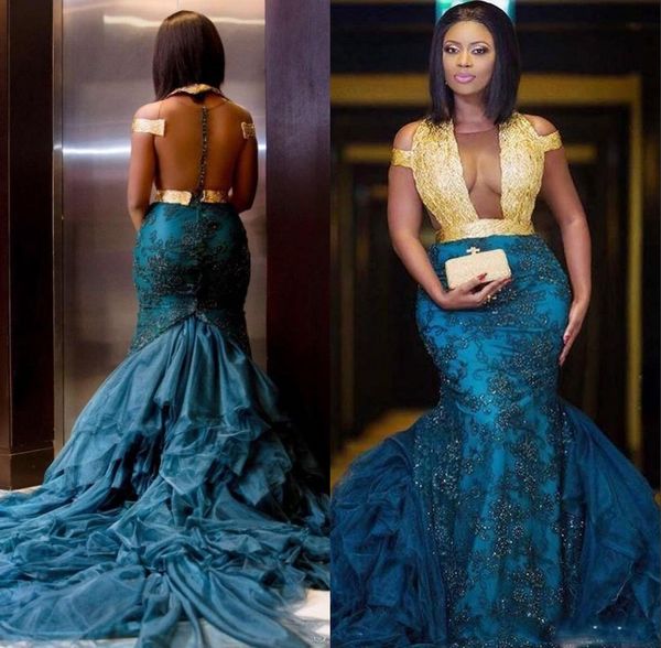 

Sexy African Gold And Blue Prom Dresses Lace Appliques Beads Sequined Evening Gowns Plus Size Party Dress Women Wear Vestidos Sweep Train