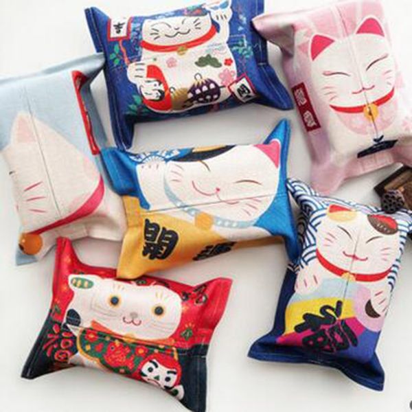 

cute lucky cat plastic tissue box cotton linen napkin holder case simple stylish home kitchen tissue box dropshipping