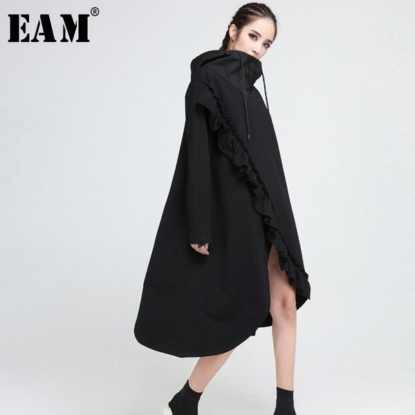 

eam] 2020 new autumn winter hooded long sleeve black ruffles split joint irregular hem big size dress women fashion tide jo008, Black;gray