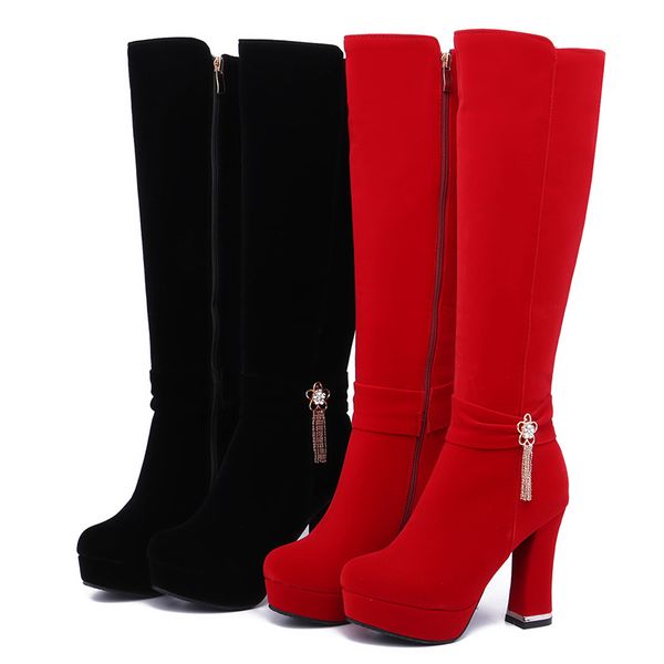 

metal decoration matte leather 10cm high heel red and black 33cm knee high boots women