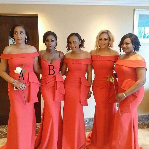 

coral mermaid bridesmaid dresses off shoulder african ruffle plus size sweep train plus size wedding guest maid of honor gowns, White;pink