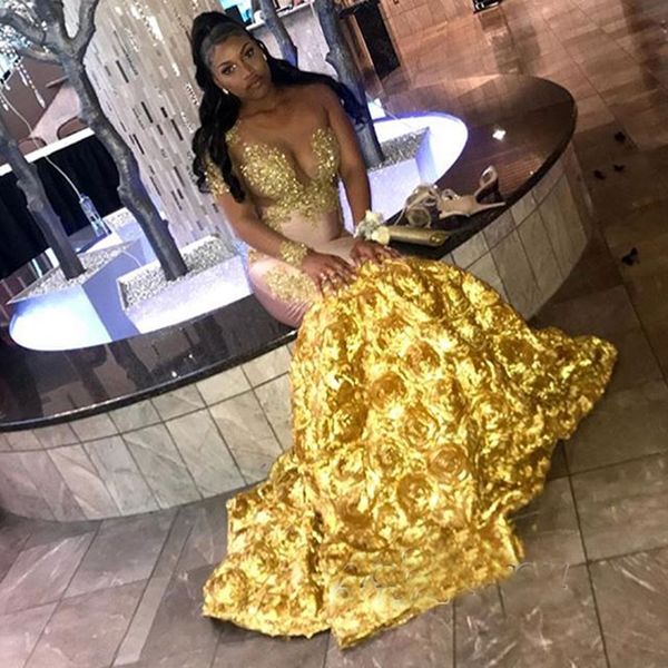 Gorgeous Long Sleeve Yellow Black Girl Prom Dresses Appliques Lace