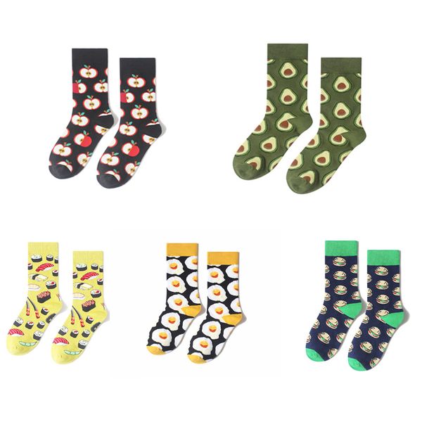 

women's socks funny cute cartoon fruits avocado lemon egg cookie donuts happy men socks skate board, Black