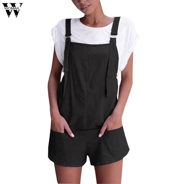 

womail bodysuit women summer fashion elastic waist dungarees linen cotton pockets rompers playsuit shorts new dropship m6, Black;white