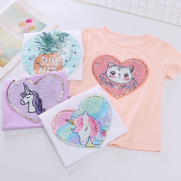 

kids girl t-shirts summer baby girls cotton unicorn tshirt sequined short sleeve toddler tees children clothing 2-7y, Blue