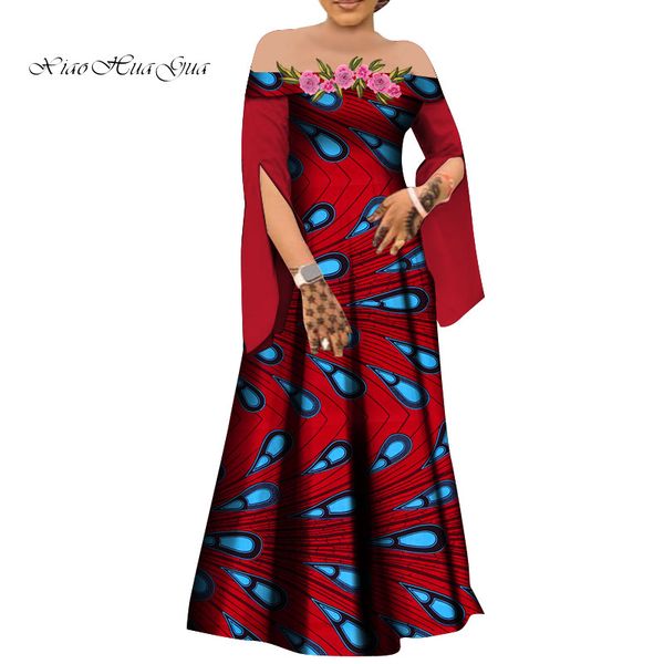 

2020 слэш шеи платье женщины анкара африканского воска печати одеяние африканская базен riche африканского длинное платье с аппликации wy705, Red