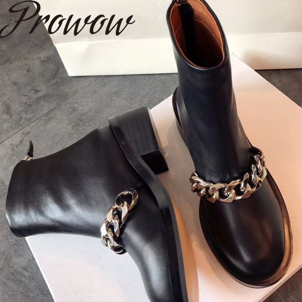 

prowow new genuine leather round toe zip side ankle boots metal chain thick heel low heel winter boots shoes women, Black
