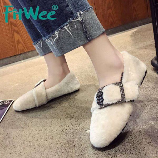 

fitwee ins women flats shoes autumn winter warm fur buckle casual shoes soft comfortable daily women footwear size 35-39, Black