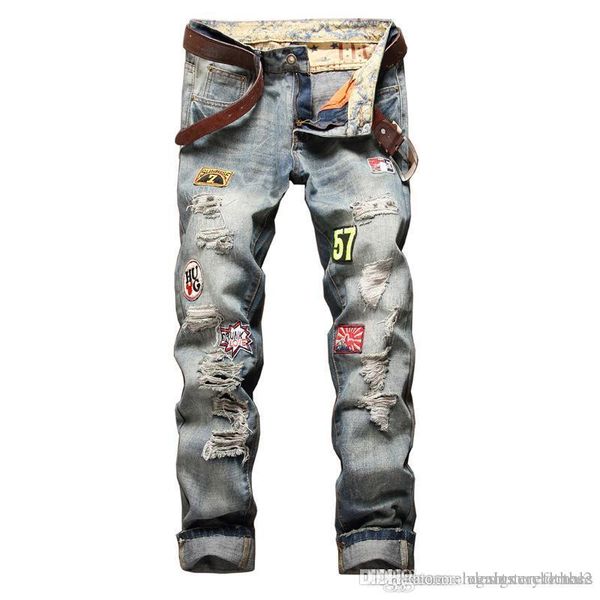

mens designer ripped jeans straight fashion slim fit male teenager skateboard rapper hihop jeans pants, Blue