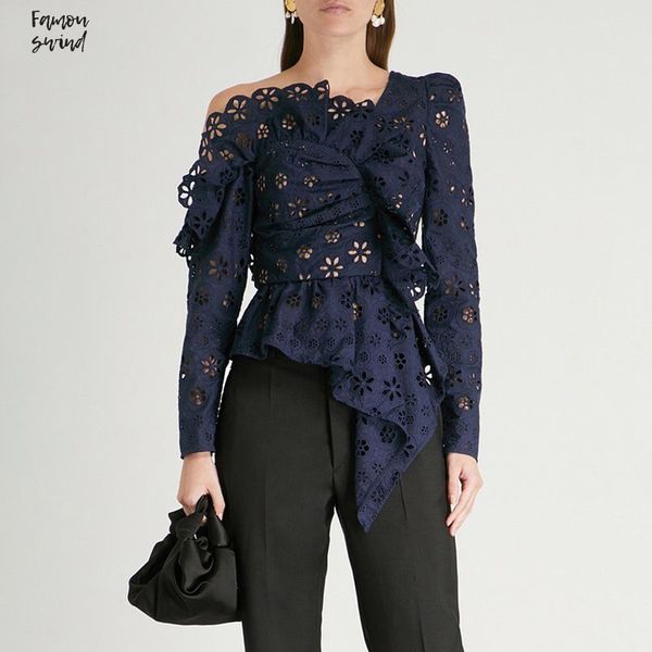 

кружевные рубашки блузка женщина с длинным рукавом с плечом выдалбливают асимметричные топы короткой женской моды sexy осень, White