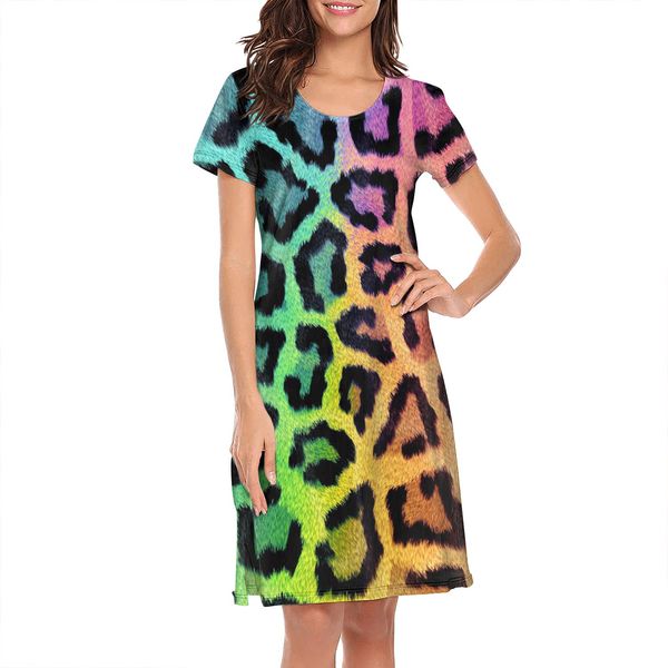 

nighties for women colorful leopard background printing fun cute short sleeve nightdress animal leopard print rose red the black cat art, Black;red