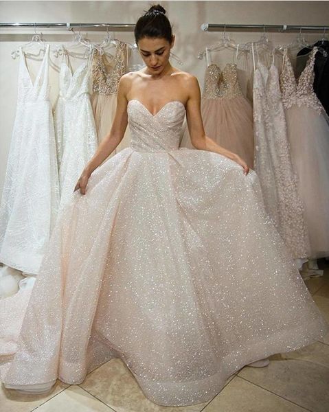 

shiny wedding dresses bling bling a line sweetheart pleats floor length zipper up wedding dresses bridal gowns robe de mariée, White