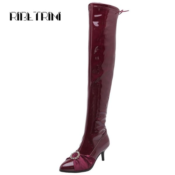 

ribetrini lady pointed toe over the knee boots thin heel thigh high boots women 2020 metal decoration fashion woman shoes, Black