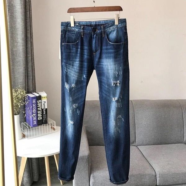 

мужского осенних джинсы distrressed hole проектировщик весна зима denim брюки марк брюки классический омывается тонкие джинсы мужской высоко, Blue