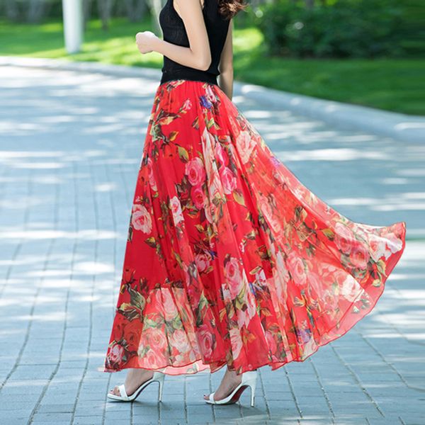 

tingyili 12 color long skirt summer floral print beach boho skirt elegant maxi women skirt, Black;gray