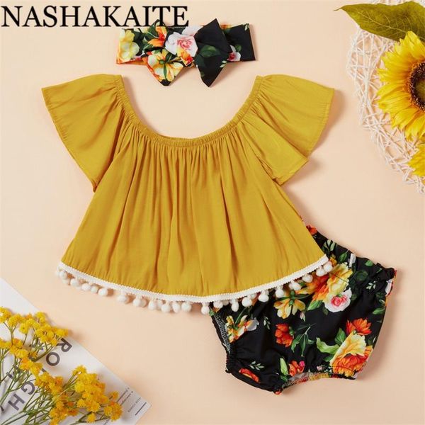 

nashakaite summer toddler baby girl clothes set tassle shoulderless +shorts headband girl outfits for age 6m-4y clothes, White