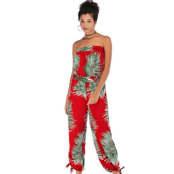 

women designer casual off-the-shoulder high waist ankle-length pants printed chiffon jumpsuit women55bk55bk, Gray