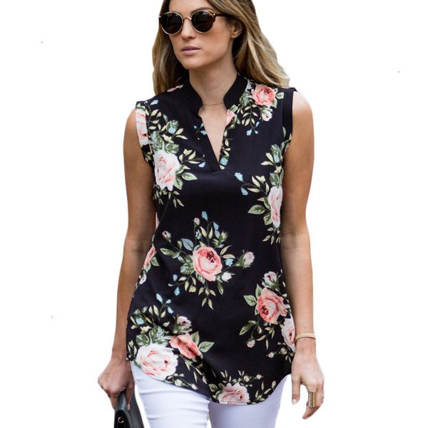 

women blouse woman fashion vintage floral print shirt 2019 summer sleeveless chiffon blouse v neck women shirts loose chemise, White