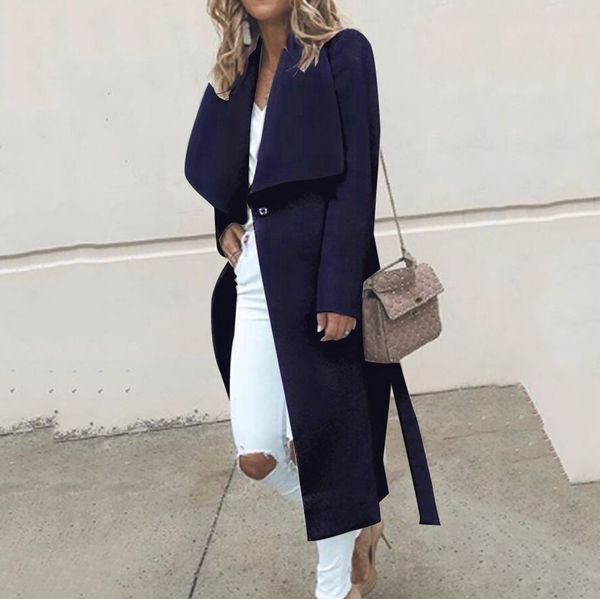 

womens winter coat belted lapel button long trench coat jacket cardigan ladies parka overcoat outwear sobretudo feminino a25, Black