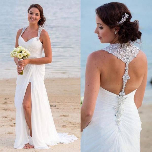 

Side Split Ruched Chiffon Beach Wedding Dresses with Beaded Halter Neck Backless summer holiday seaside Bridal Gowns Country Wedding Dress