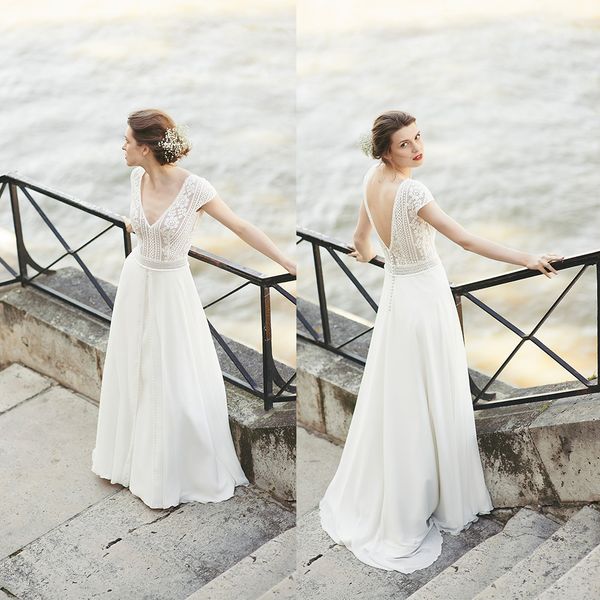 

2020 beach wedding dresses boho a line appliqued v neck cap sleeve robes de mariÃ©e country bridal gowns bohemian wedding dress, White