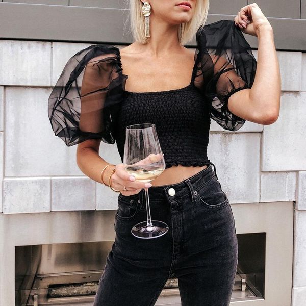 

women see-through lantern sleeves short waist summer fashion patchwork square collar slim fit club wear d30, White