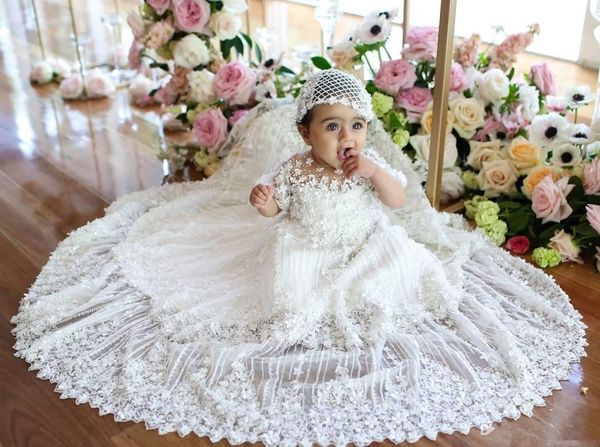 Luxo macio bebê batismo manga curta rendas criança baptismo vestido elegante com flor flor meninas criança primeira comunicação vestido