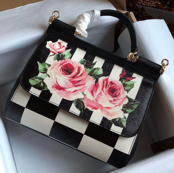 

designer luxury handbags purses black cow leather with flowers printed satchel bag ladies brand designer bags