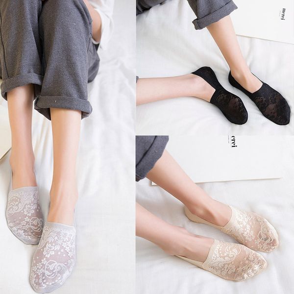 

fashion harajuku socks women summer women solid colorcotton blend lace antiskid invisible low cut socks toe ankle sock y723, Black;white
