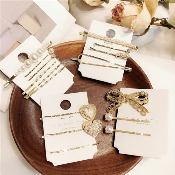 

fashion korea chic hollow bowknot metal heart shape hairpins hair clips women imitiation pearl crystal hairgrip hair accessories, Golden;silver