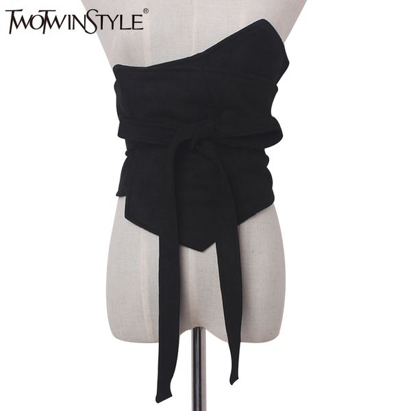 

twotwinstyle bandage bow chain wide belts for women suede girdle asymmetry black women's clothing accessories korean fashion y191218, Slivery;black